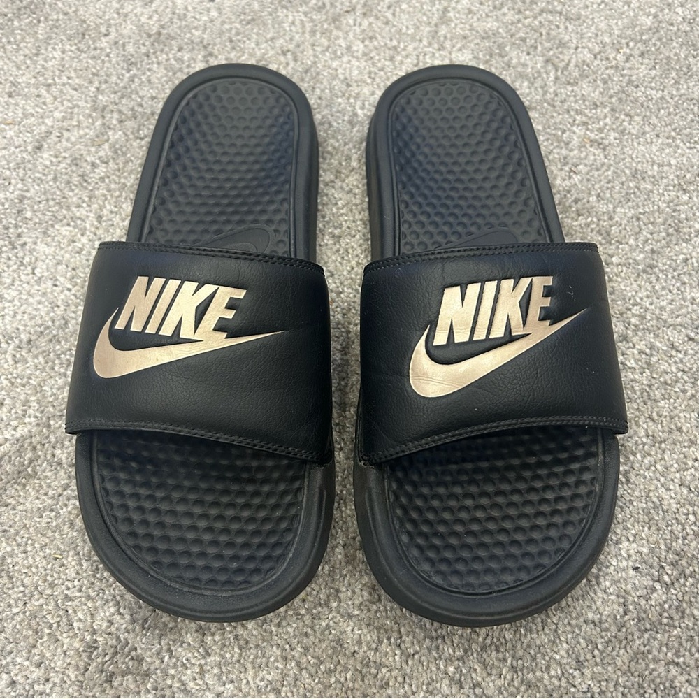 Nike Black and Rose Gold Slide Sandals